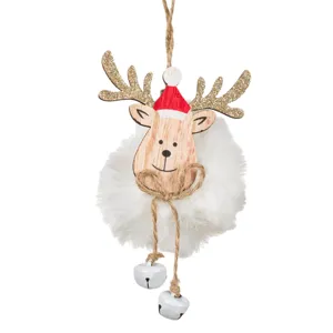 Ornament Cerb de Lemn cu Glitter Auriu pentru Crăciun și Pompon Alb
