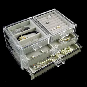 Suport Organizator pentru Bijuterii, Acrilic Transparent cu 4 Sertare Captusite cu Velvet Gri, 24x13.5x13 cm