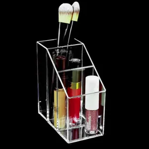 Suport Pensule Acrilic 3 Compartimente Transparent Dimensiune 6x11x12cm