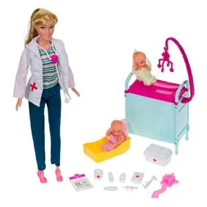 Papusă Medic Pediatru cu 2 Bebelusi și Set Medical