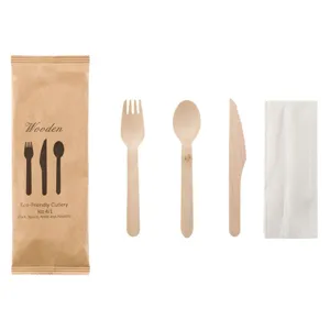 Set Tacamuri din Lemn, 8 buc, cu Furculiță, Cuțit, Lingură și Șervețel