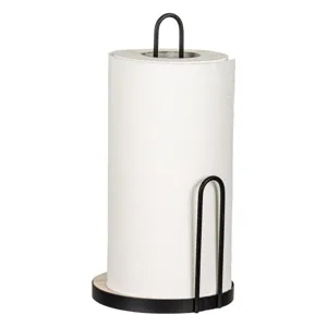 Suport Metalic Negru cu Baza de Lemn cu Stop pentru Prosoape de Hârtie, Ø15x30cm