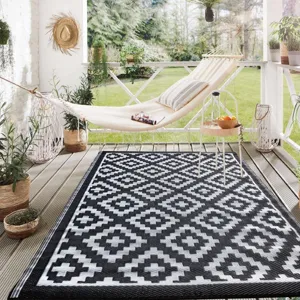 Covor Exterior Geometric Negru Alb pentru Terase și Grădini
