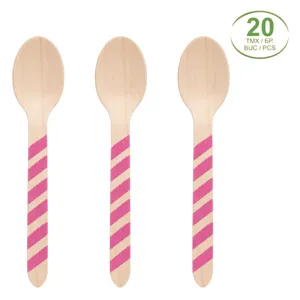 Linguri din Lemn de Petrecere cu Dunga Fucsia, 16cm, 20 buc