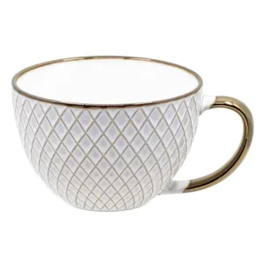 Set de căni ceramice bej cu maner bronz și model romburi