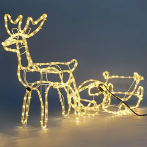 Figurină Decorativă Crăciun LED, Ren cu Sanie, 1.5m, Lumină Caldă, Dimensiuni Ren 60x29x63cm, Dimensiuni Sanie 55x22x24cm