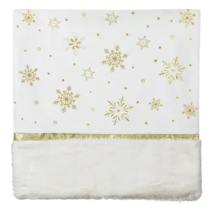 Față de pernă Crăciun Albă cu Fulgi Aurii Glitter și Blană Albă 45x45cm