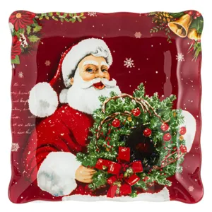 Farfurie Crăciun Sticlă cu Moș Crăciun Roșu 17x17 cm