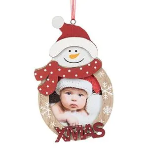 Ornament de Brad din Lemn cu Rame pentru Poza, Om de Zăpadă, 14.5 cm