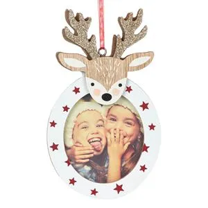 Ornament Brad de Crăciun din Lemn pentru Poză, Ren, Glitter, 14.5cm