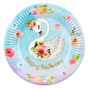 Farfurii de carton cu model lebada, 23 cm, set 6 buc, albastre