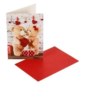 Felicitare de Dragoste cu Ursuleți și Inimi, Glitter Roșu, 13x19cm, cu Plic
