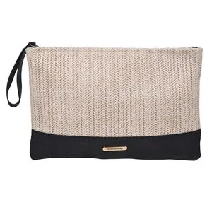 Portfard de vara cu model impletit, ecru-negru, cu maner, 32x22 cm
