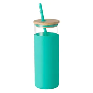 Pahar din Sticlă cu Acoperire din Silicon, Capac din Bambus și Paie, 460ml