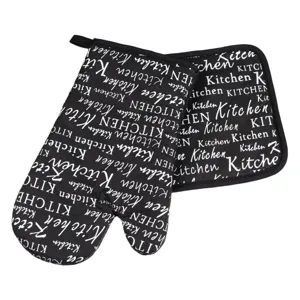 Mănușă și șervețel termic, Negru cu litere albe "Kitchen", Set 2 buc