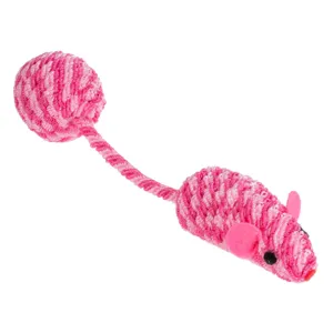 Jucarie pentru pisici, Soricel cu coarda elastica si minge in coada, 20 cm, Roz