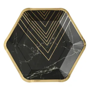 Farfurii de carton negri marmorate cu folie aurie set 6 farfurii