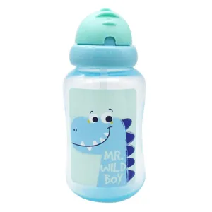 Cana cu pai din plastic, 340 ml, albastra cu model dinozaur