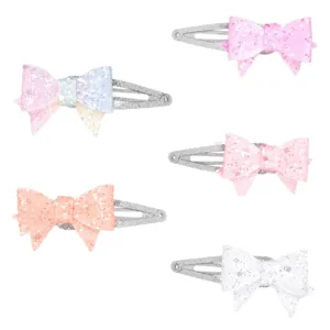 Clame de păr metalice cu fundițe 3D și glitter, set 5 buc, multicolor, 6 cm