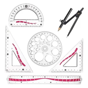 Set Rigle Geometrice Transparente cu Accente Roșii și Compas - 6 Piese
