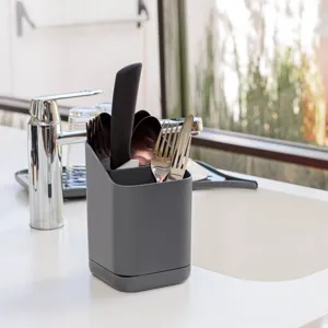 Suport uscător pentru tacâmuri din plastic, gri antracit, 2 compartimente, 10.5x11x18cm