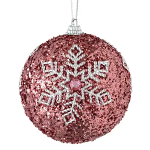 Ornament Brad de Craciun Glob din spumă roz cu glitter și fulg argintiu