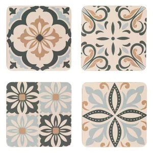 Set 4 Suporturi pentru Pahare din Plută și Lemn, 10x10cm, Design Tiles, Bej