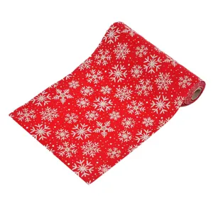Tesatură Decorativă Red Velvet cu Fulgi Albi și Glitter Auriu