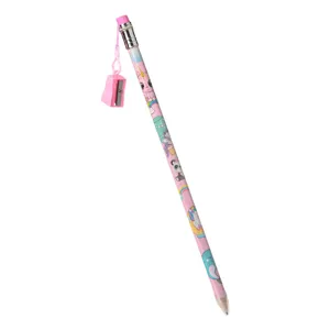 Creion decorativ mare cu print unicorn si ascutitoare, 38 cm, roz