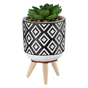 Ghiveci Decorativi Negri cu Picioare din Lemn și Plantă Artificială