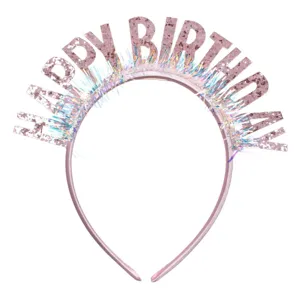 Coroniță de petrecere cu beteală holografică și mesaj Happy Birthday, Roz