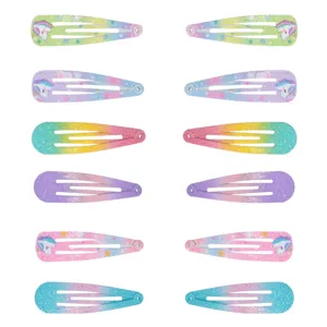 Clame de păr metalice pentru copii, set 12 buc, 5 cm, multicolore cu glitter și design unicorn