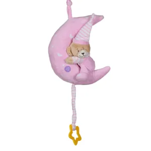 Carusel Muzical pentru Patut, Luna cu Ursulet de Plus, Roz, 24 cm