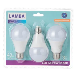 Set 3 becuri LED E27 6W A60, Lumină albă caldă 3000K