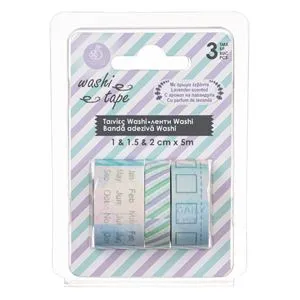 Banda washi tape cu aroma de lavanda, set 3 role, 5m x 1/1.5/2 cm, model dungi si calendar