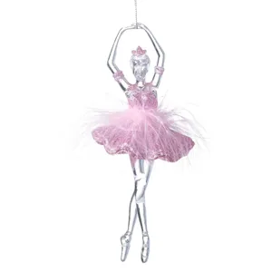 Ornament Balerină Transparentă Roz cu Glitter și Pană 18 cm