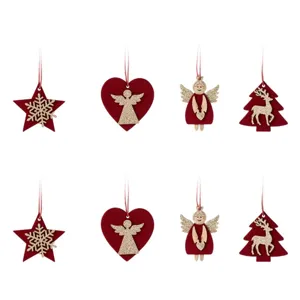 Ornamente Crăciun din lemn cu catifel și glitter auriu, set de 8 bucăți