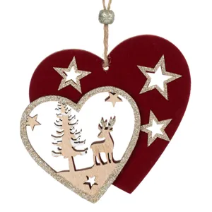 Ornament de Crăciun Inimă Dublă din Lemn cu Glitter Auriu