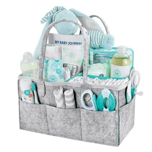 Geanta organizatoare pentru cosmetice bebe, din pasla, gri, 33x23x18cm, cu 8 buzunare si 2 manere