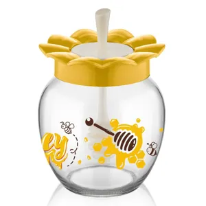 Recipient din Sticlă cu Capac Floare Galbenă și Lingură pentru Miere, 370ml