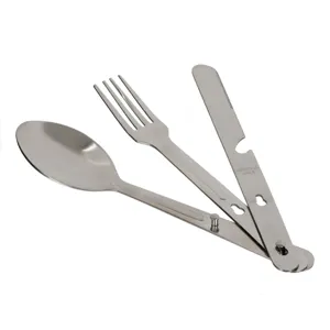 Set Tacâmuri 3in1 din Oțel Inoxidabil, Cuțit cu Lamă Zimțată, Lingură și Furculiță, Pliabil, cu Desfăcător de Sticle, Argintiu