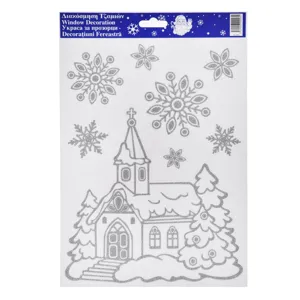 Autocolante Decorative Crăciun Biserică Fulgi de Zăpadă Glitter Argintiu 20x30 c
