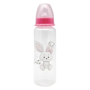 Biberon bebeluș roz cu tetină siliconă flux mic și design iepuras 250ml