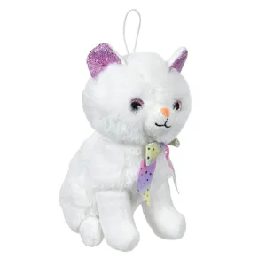 Pisică plush albă cu urechi fucsia și glitter, cu panglică rainbow