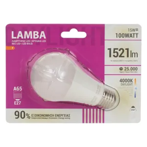 Bec LED E27 15W A65, Lumina Alba 4000K, 1521 Lumeni, 25000 Ore, 1 Bucata
