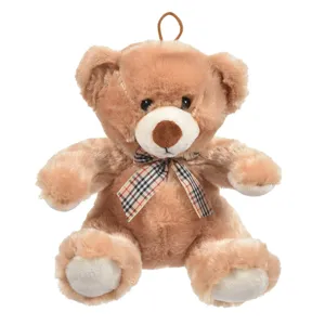 Ursulet de plus maro din plush cu fundita și detalii în carouri (22cm)