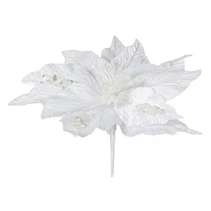 Floare Decorativa de Craciun Albă cu Sclipici și Paiete 26cm