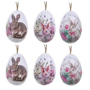 Oua decorative de Paste din spuma, albe, cu iepurasi, 5 cm, set 6 bucati