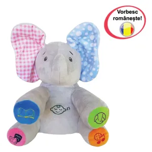 Jucarie educativa interactiva de plus, Elefantelul Cucu-Bau, gri, pentru prescolari