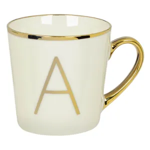 Cana Porcelană Ecru cu Detalii Aurii și Maner Personalizat